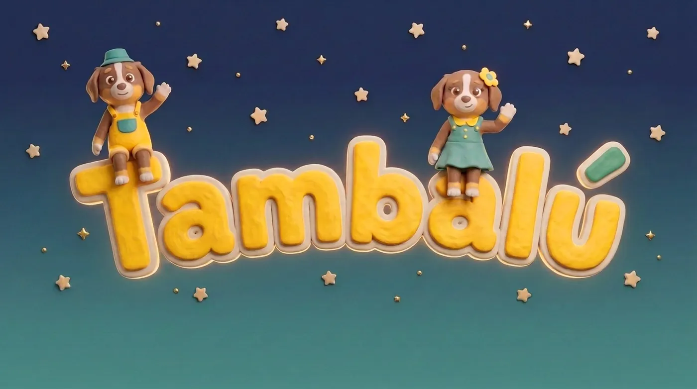 Logo de Tambalú con Nilo y Nila sentados sobre las letras, bajo un cielo de estrellas