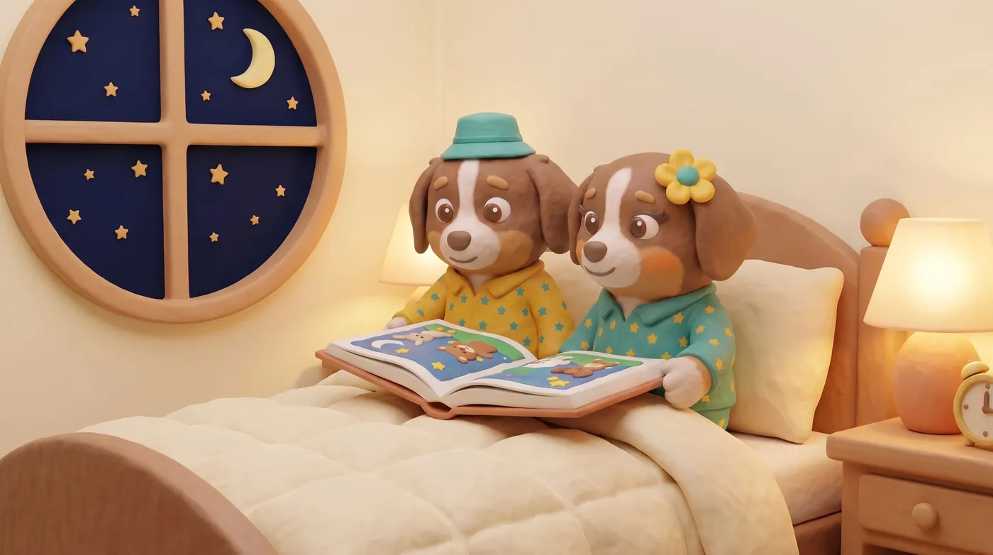 Nilo y Nila leen un cuento en la cama bajo una ventana con estrellas