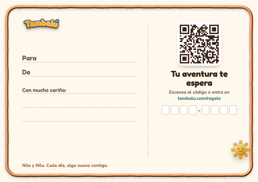 Dorso de la postal: espacio para el nombre, la dedicatoria y el código de la aventura