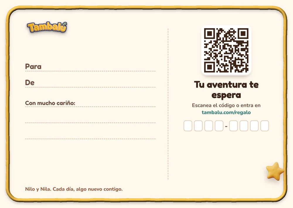 Dorso de la postal: espacio para el nombre, la dedicatoria y el código de la aventura