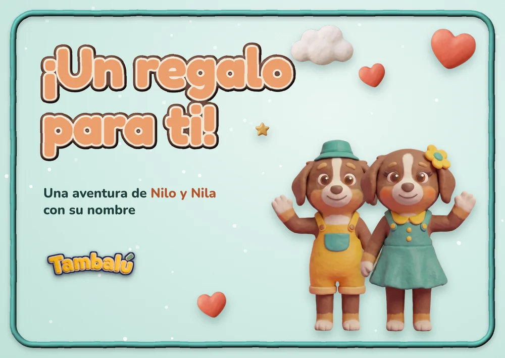 Postal Porque sí: ¡Un regalo para ti!, con Nilo y Nila entre corazones y nubes